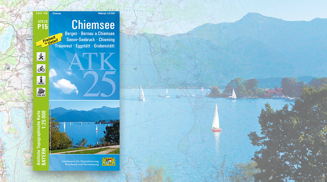 ATK25 P 15 Chiemsee Collage der Freizeitkarte ATK25-P15 Chiemsee, Deckblatt der ATK, im Hintergrund ein Kartenausschnitt und das Titellbild der Karte