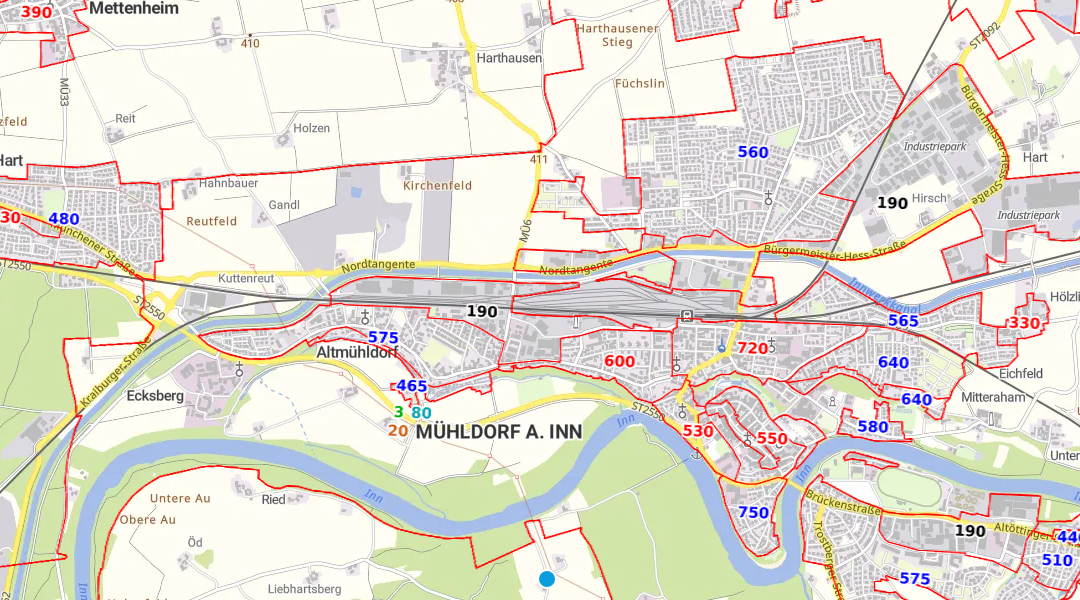 Ausschnitt aus dem BayernAtlas  Ein Ausschnitt von der Stadt Mühldorf am Inn mit den frei verfügbaren Bodenrichtwerten