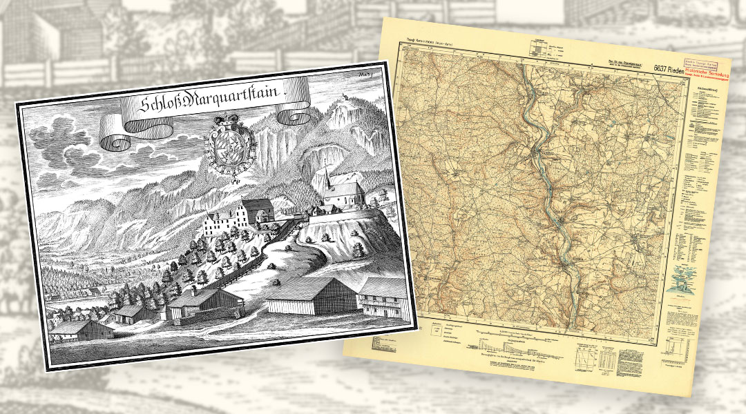 Zwei Karten, links eine Wening-Ortsansicht von Schloß Marquartstein,  rechts eine Topographische Karte 6637 Rieden