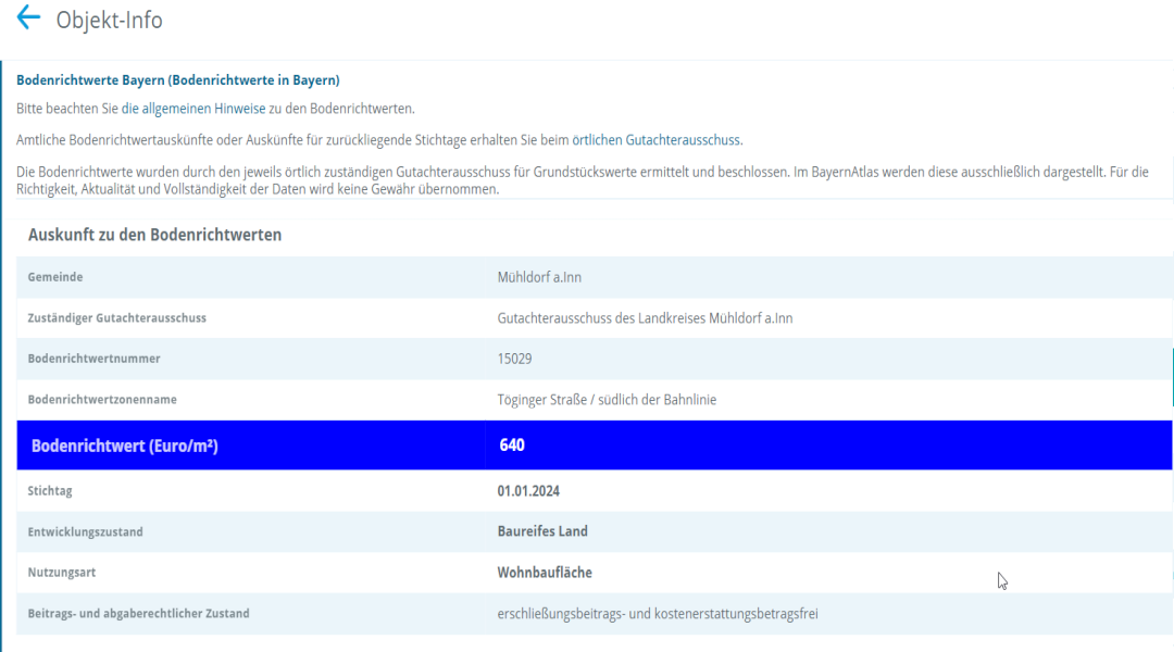 Ausschnitt aus dem BayernAtlas - Objektinfo  Ausschnitt aus dem BayernAtlas mit Zeilen wo die Auskunft zu den Bodenrichtwerten von Mühldorf am Inn stehen